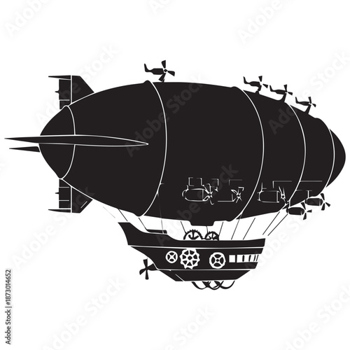 Steampunk airship with propellers soaring through the sky