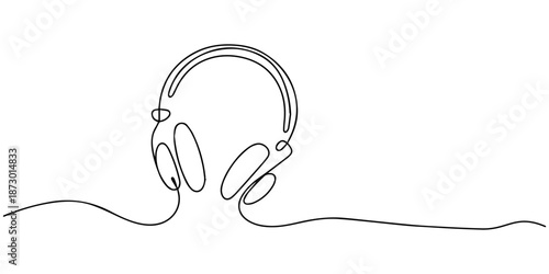 Continuous line drawing of vector illustration headphones for music and sound vector, Minimalist one-line drawing of headphones for audio enjoyment and relaxation, Headphone continuous one line draw