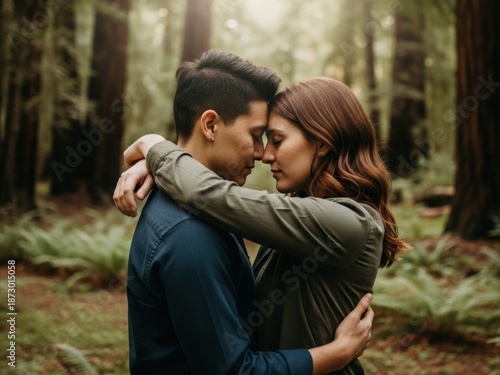 A couple embraces affectionately, foreheads touching, in a lush, misty forest of tall trees and ferns, conveying intimacy and tranquility.
