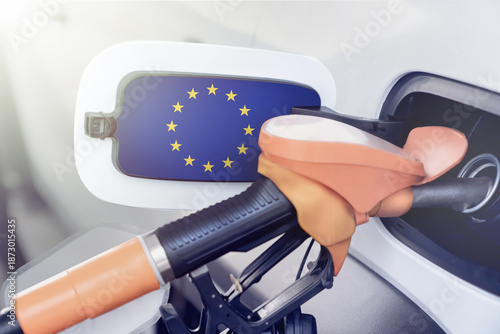 The flag of the European Union on the lid of the gas tank of a car at a gas station. High prices for diesel fuel, gasoline and gas at gas stations in the European Union, shortage