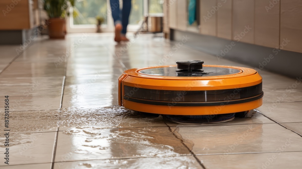 Fototapeta premium A floor cleaner cleaning a tiled floor