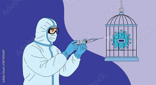 Person wearing a white hazmat suit injecting a syringe into a dangerous virus trapped inside a strong metal cage.