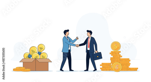 Two businessmen shaking hands in a successful agreement next to a box of lightbulbs and a large stack of money.