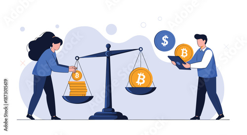 Woman and man using a balance scale to compare the value of Bitcoin cryptocurrency against traditional gold coins.
