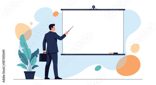 Professional businessman standing next to a blank white projection screen and pointing at it while giving a corporate presentation or lecture.