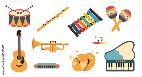 Collection of colorful musical instruments including a drum, guitar, piano, and trumpet isolated on a clean white background for education.