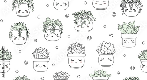 Adorable seamless pattern with various succulent plants and cacti in cute pots with smiling faces on a simple white background for decor.