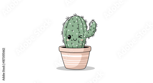 Cute winking cactus character planted in a small striped pot isolated on a white background for sticker or mascot design purposes.