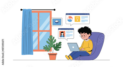 Young student sitting in a cozy chair and using a laptop for online learning or distant education from home with several floating screens.