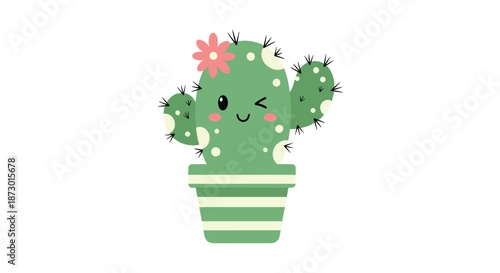 Happy winking cactus with a pretty pink flower and white spots in a striped pot for cute garden decoration or nature theme illustrations.