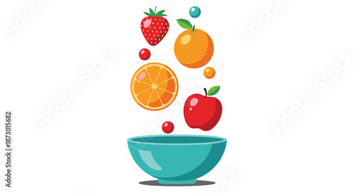 Selection of fresh fruits including an apple, orange, and strawberry falling into a blue ceramic bowl for a healthy snack or breakfast concept.