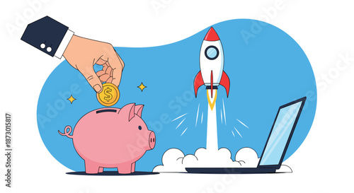 Hand putting a coin into a piggy bank next to a launching rocket and a laptop for financial growth and startup business success concepts.