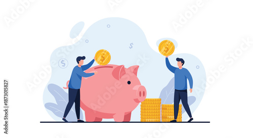 Two professional men putting gold coins into a large pink piggy bank to build savings and financial wealth in a collaborative project work.