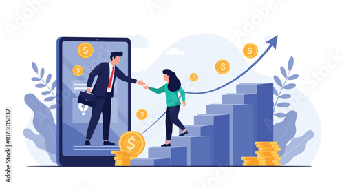 Successful businessman reaching out from a giant smartphone screen to help a woman climb the stairs of career growth and business success.