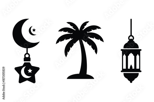 Islamic symbols set crescent moon star ornament, palm tree, and ramadan lantern silhouette