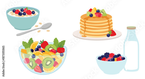 Variety of healthy breakfast dishes including pancakes, fruit salad, cereal, and a bottle of milk isolated on a white background for menu.
