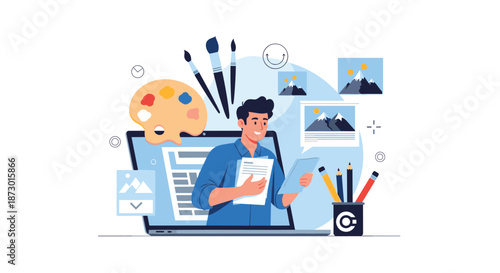 Creative illustrator working on a laptop at a desk surrounded by art tools like brushes, paints, and pencils for digital design projects.