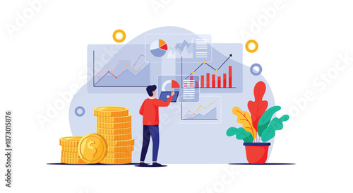 Data analyst standing in front of a giant dashboard with various financial charts and graphs to study market trends and business statistics.