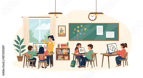 Group of young children learning together in a modern classroom environment using computers and digital tablets with their teacher guiding them.