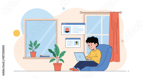 Young boy sitting comfortably in a blue bean bag chair using a laptop computer for remote learning or entertainment inside a cozy room setting.