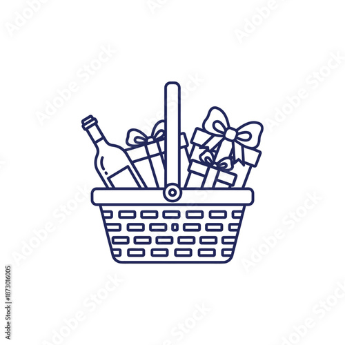 Gift Basket with Wine Bottle and Wrapped Presents, Icon Illustration
