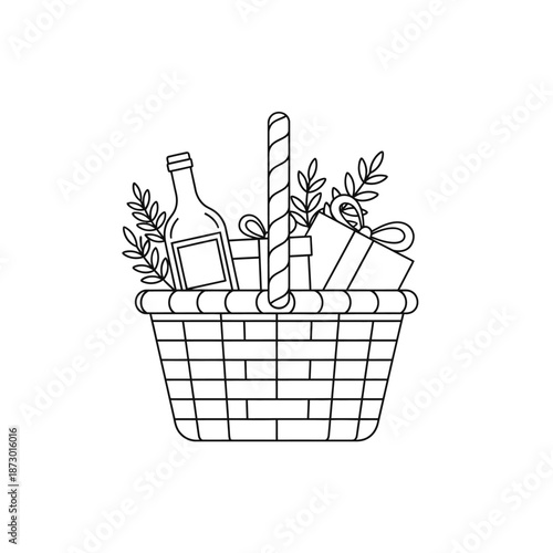Gift Basket with Wine Bottle, Presents, and Greenery - Outline Illustration