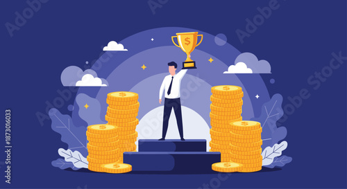 Proud businessman standing on a winner podium holding a gold trophy high above his head while surrounded by large stacks of golden coins.
