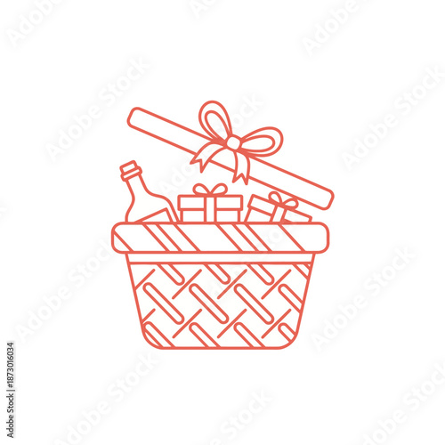 Gift Basket with Wine Bottle and Presents - Line Art Icon