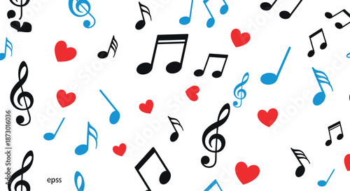 Playful seamless background pattern for music lovers featuring various black and blue musical notes mixed with small red hearts on white.