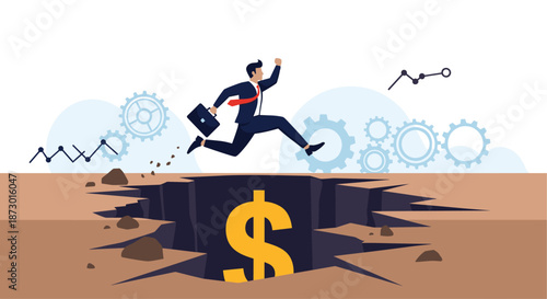 Brave businessman in a suit carrying a briefcase and jumping over a deep canyon with a golden dollar sign inside representing financial risk.