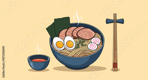 Detailed illustration of a steaming bowl of japanese ramen noodles topped with pork slices, eggs, seaweed, and fish cakes next to chopsticks.