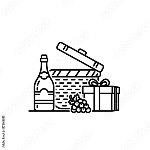 Gift Basket with Wine Bottle, Grapes and Present Box Line Art Icon