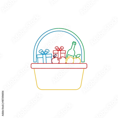 Gift Basket with Wine, Apples, and Presents - Colorful Outline Icon