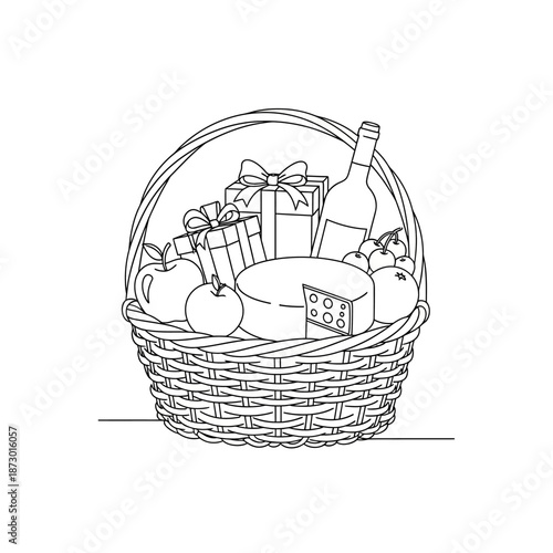 Gift Basket with Wine, Cheese, Fruits and Presents - Line Art Illustration