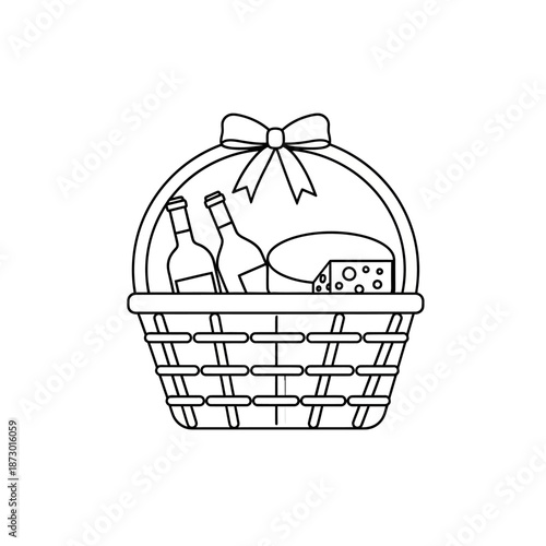 Gift Basket with Wine Bottles and Cheese Wedge, Outline Icon