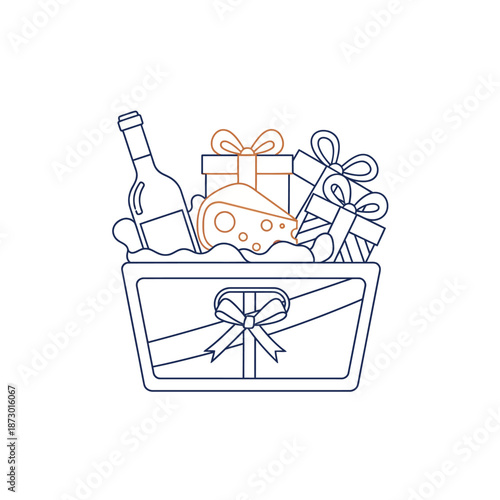 Gift Basket with Wine, Cheese, and Wrapped Presents - Flat Design