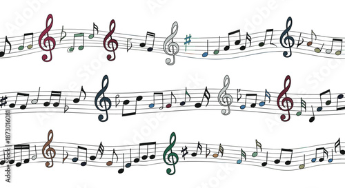 Artistic seamless pattern composed of colorful musical notes arranged on flowing staves creating a rhythmic and harmonious visual design.
