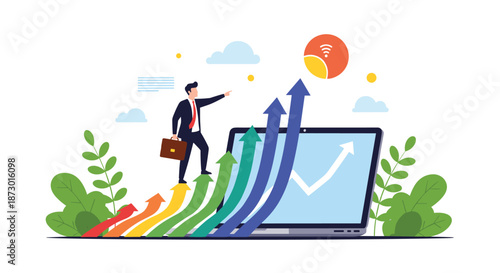 Motivated businessman climbing up a series of colorful rainbow arrows on a laptop screen pointing towards a wireless signal icon in the sky.