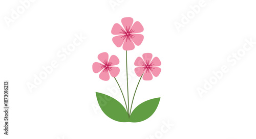 Simple illustration of three pink flowers on green stems with large leaves at the base, isolated on a clean white background.