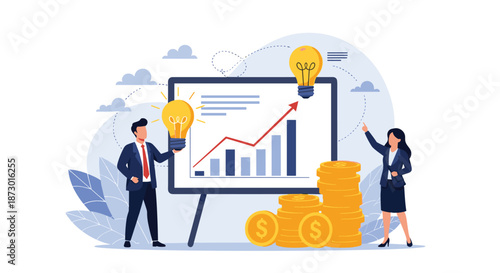 Professional business team analyzing financial data on a large screen with rising charts and stacks of gold dollar coins.