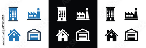 A set of 10 minimalist vector icons depicting various buildings, including houses, factories, and offices, in both colored and monochrome styles.