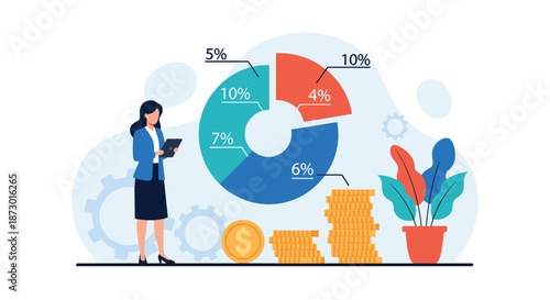 Businesswoman analyzing data on a tablet next to a large donut chart and several stacks of gold coins for financial growth.