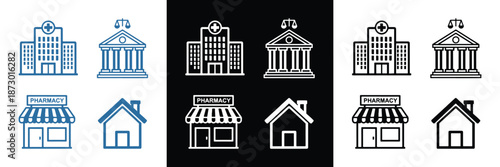 A set of vector icons depicting hospitals, clinics, pharmacies, and residential houses with 5G and location pin symbols for healthcare and connectivity themes.