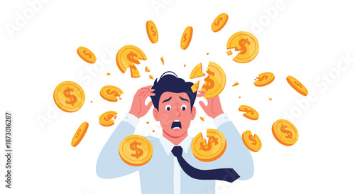 Stressed businessman in a panic as gold dollar coins break apart and fall around him, representing a financial crisis.
