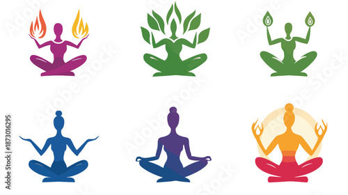 Colorful Yoga Poses Illustrating Elements and Meditation Practices
