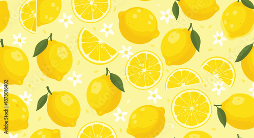Refreshing seamless pattern of ripe yellow lemons, sliced citrus fruit, and white blossoms on a bright sunny yellow background.