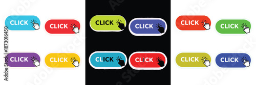 Set of twelve vibrant vector buttons featuring hand click cursors, ideal for web UI, apps, or interactive design mockups in multiple colors.