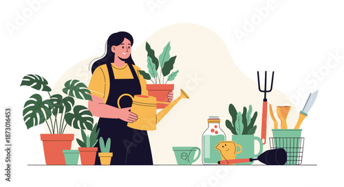 Young female gardener in a black apron tending to a variety of potted green plants and flowers using professional tools.