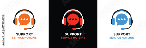 A set of three modern vector headset icons in orange, red, and blue colors, representing a customer support service hotline.
