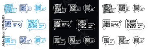 Illustration depicting various stages of mobile payments, QR code scanning, and digital transactions with devices and speech bubbles.